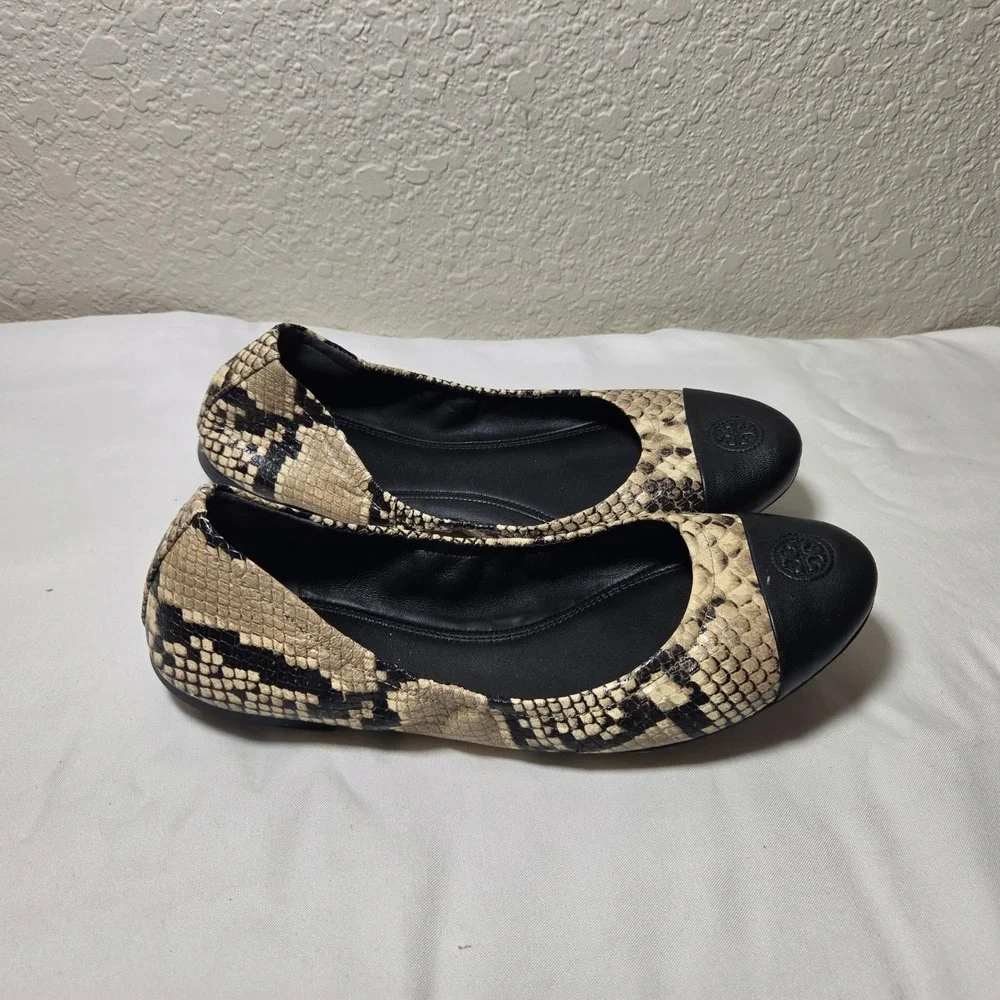 Tory Burch Minnie Snake Embossed Leather Ballet Flats Black Cap Toe 9.5M 7149